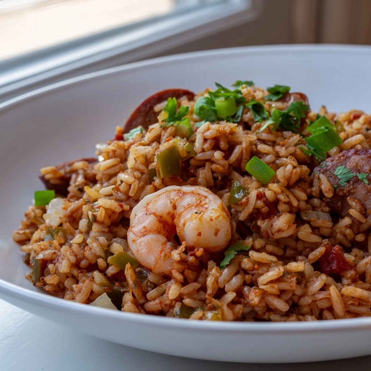 Golden shrimp and sausage dirty rice in a cast iron skillet with fresh parsley garnish