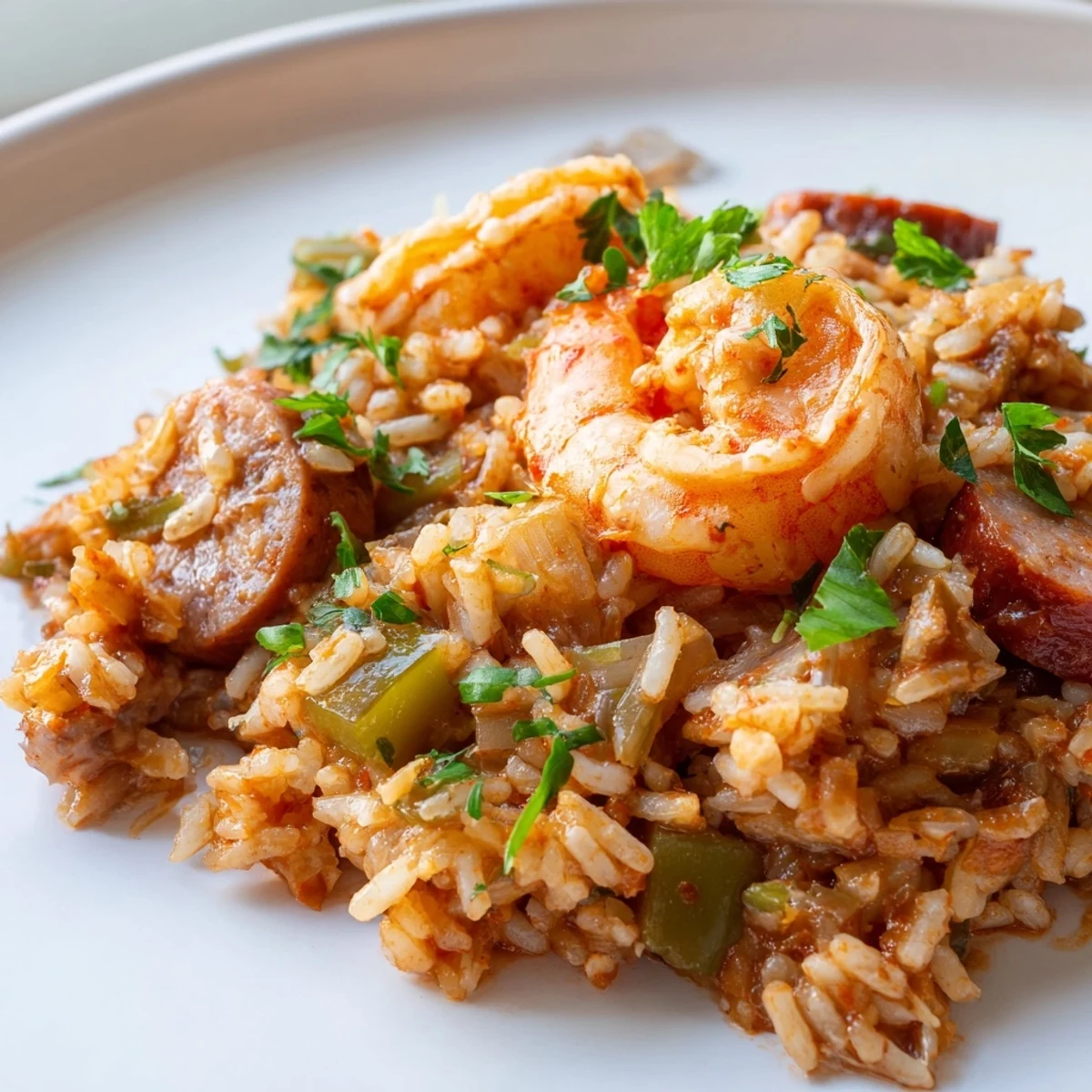 Spicy shrimp and sausage dirty rice topped with scallions served in a white bowl