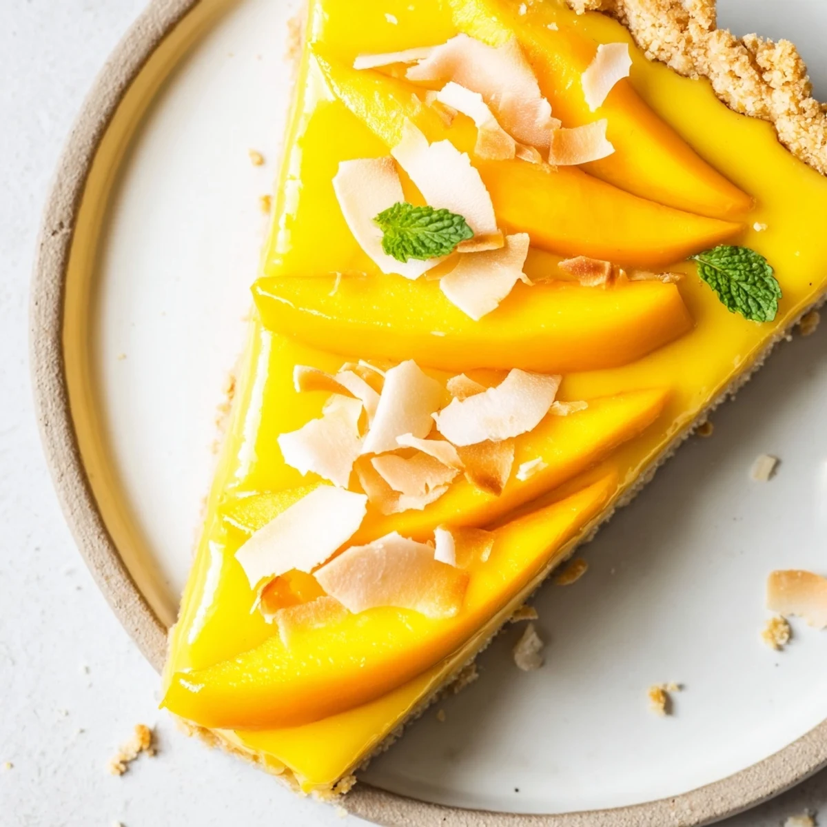 Golden mango curd tart sliced on a white plate with fresh mint garnish