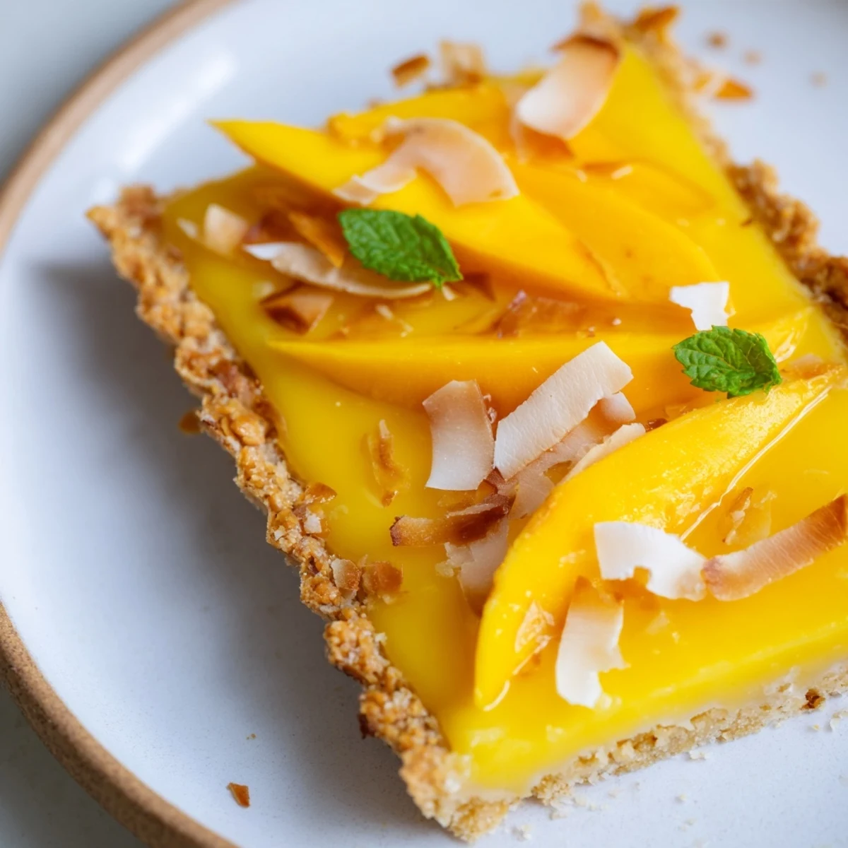 Creamy mango curd tart topped with toasted coconut flakes and fresh fruit