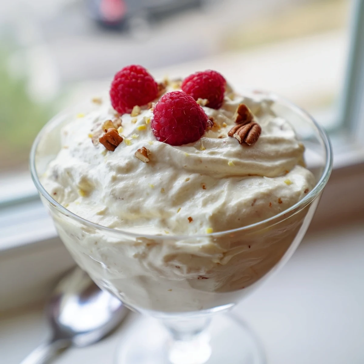 Creamy keto cheesecake fluff spooned into glasses topped with fresh red berries and chopped nuts