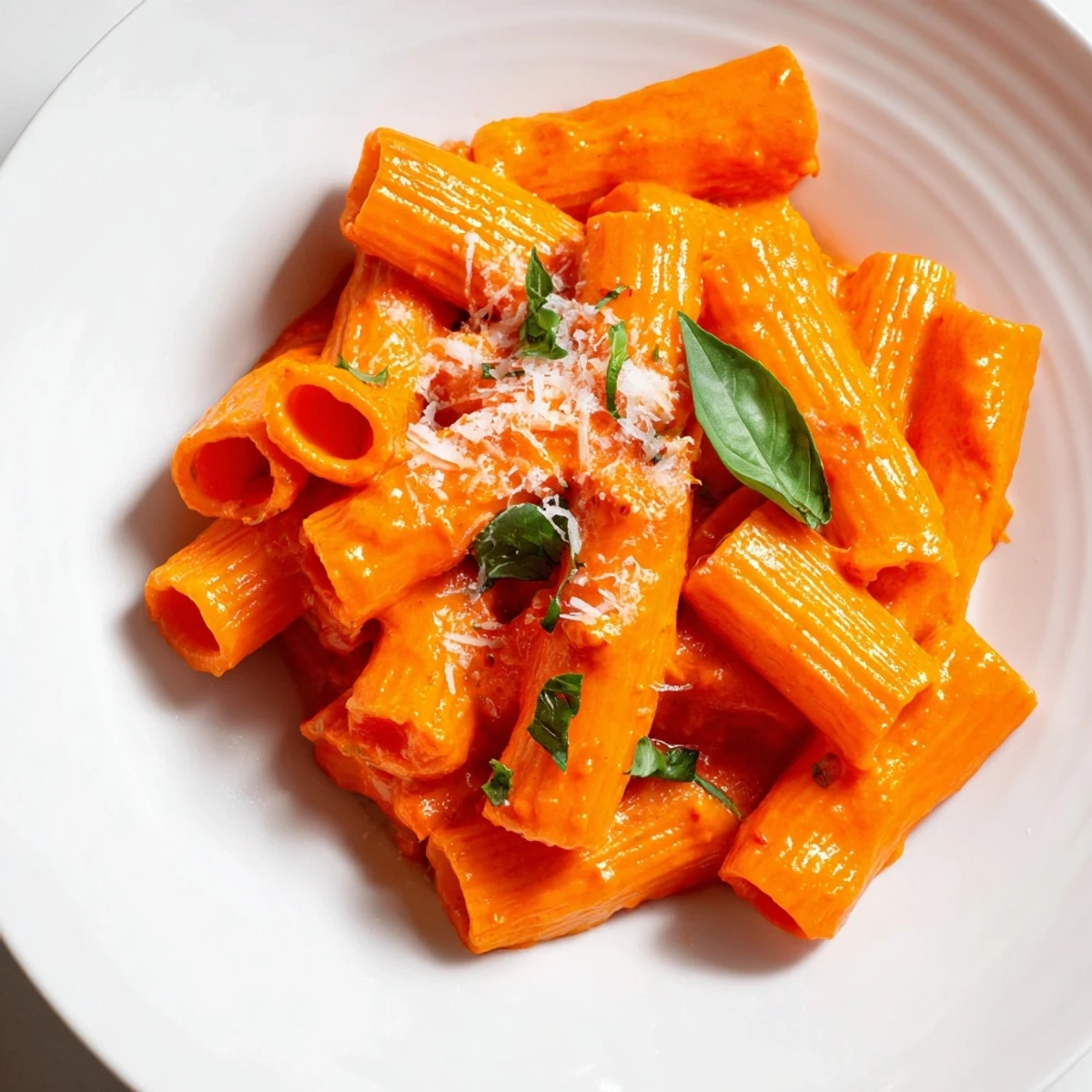 Creamy roasted red pepper pasta in a vibrant orange-red sauce topped with fresh basil