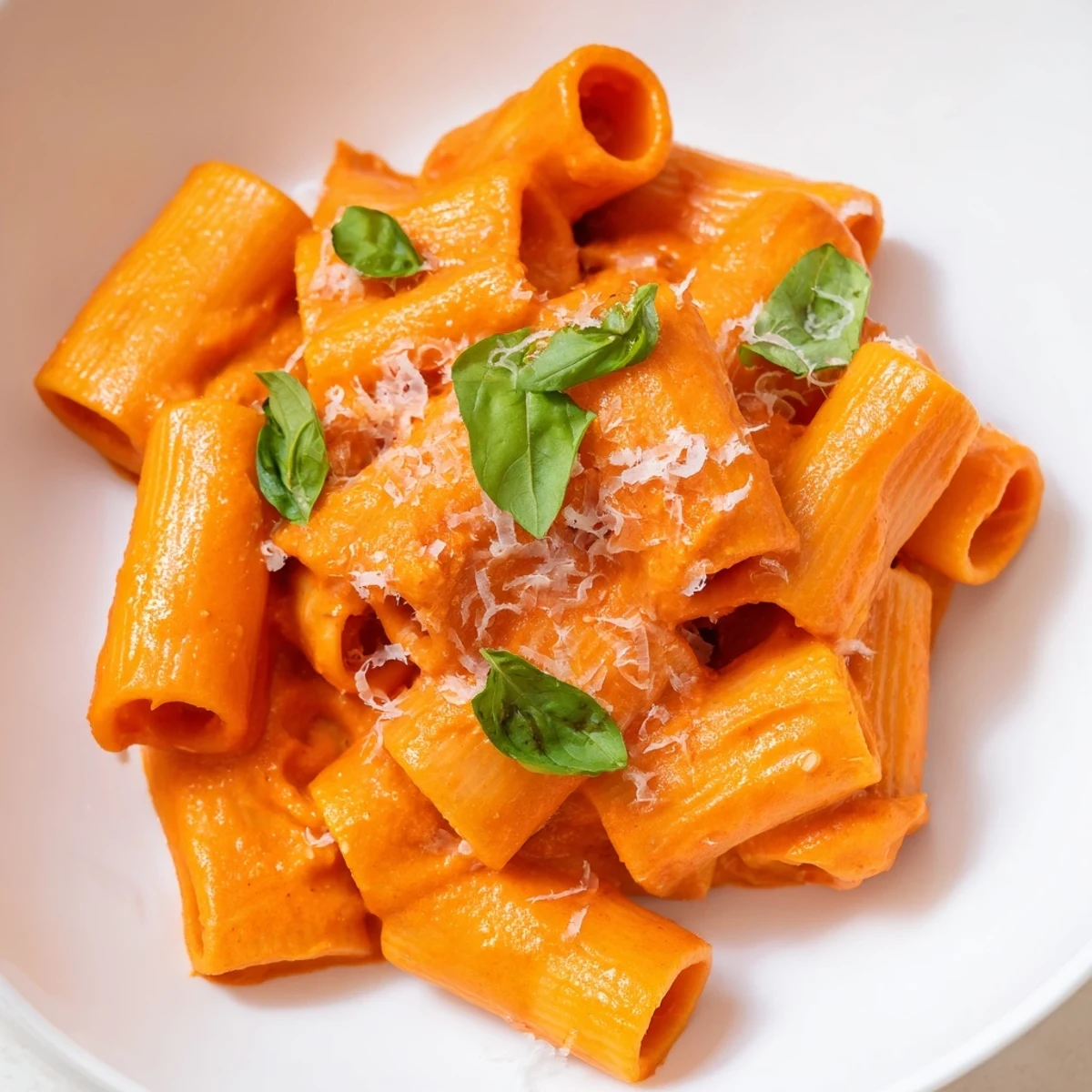 Roasted red pepper pantry pasta coated in silky sauce with parmesan and herbs