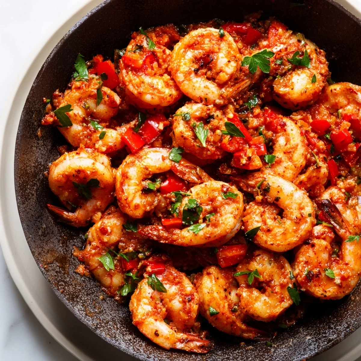 Golden garlic paprika shrimp skillet garnished with fresh parsley and lemon wedges