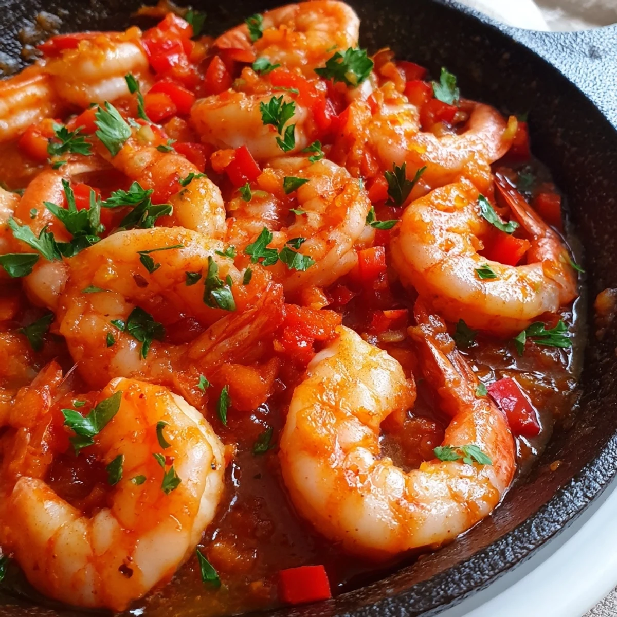 Sizzling garlic paprika shrimp skillet with vibrant red bell peppers in olive oil