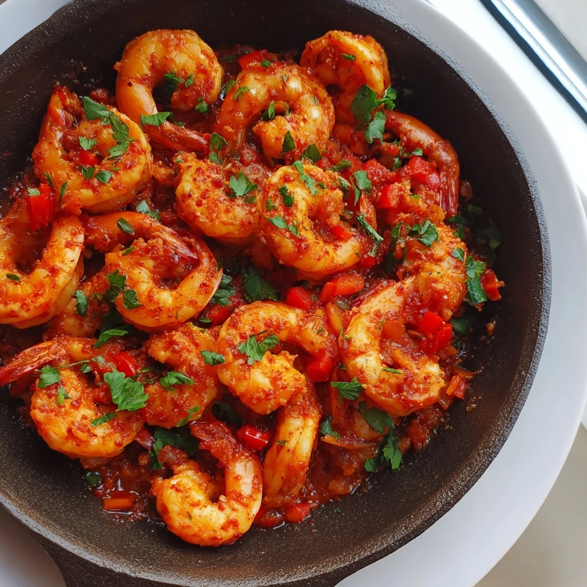 Savory garlic paprika shrimp skillet served steaming hot with bright citrus wedges alongside