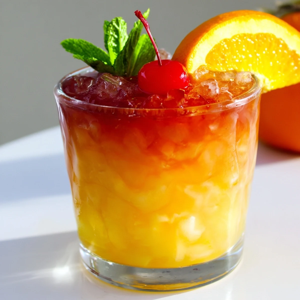 A Non Alcoholic Mai Tai with layered grenadine, crushed ice, and tropical fruit garnishes