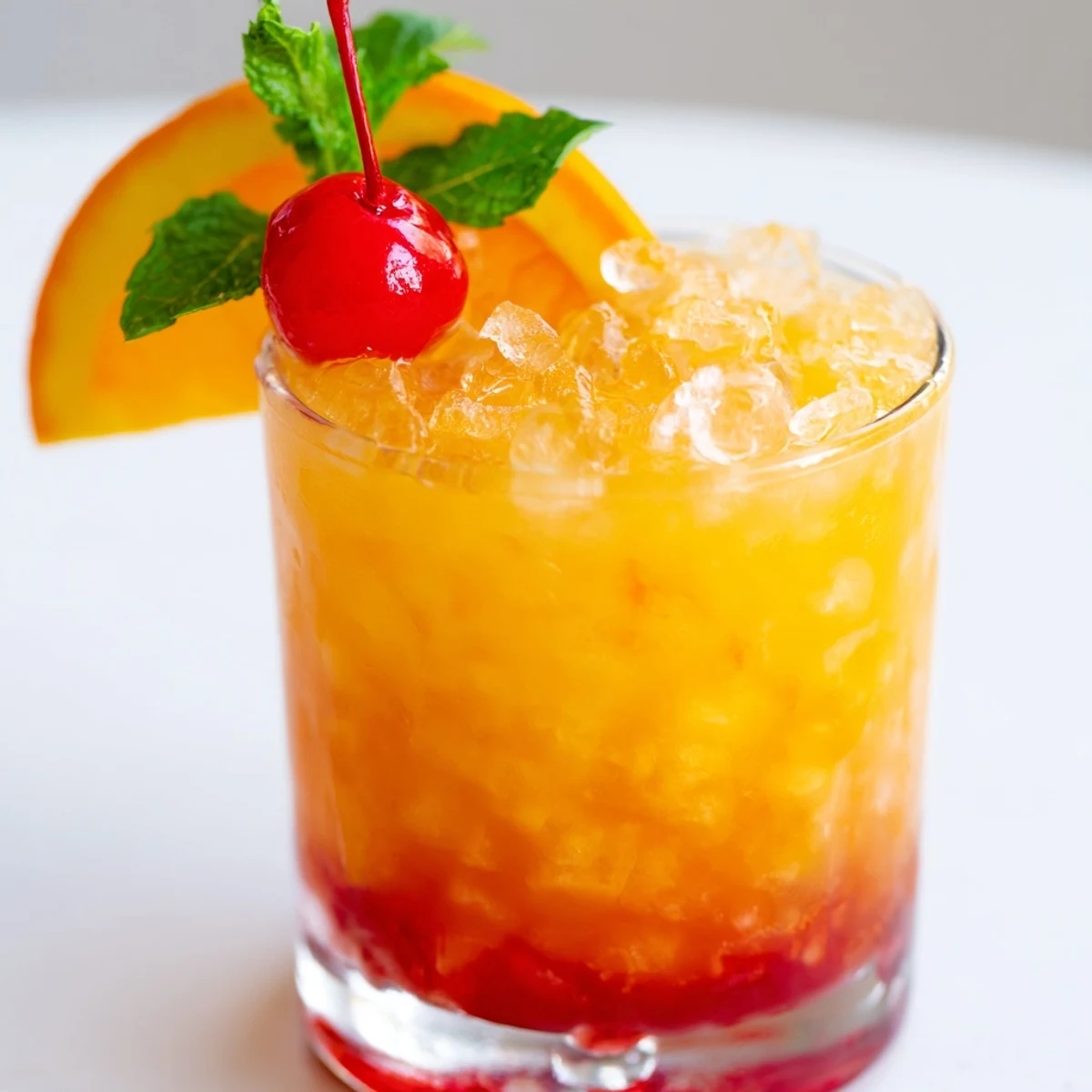 Colorful Non Alcoholic Mai Tai served in an ice-filled glass topped with cherry and mint