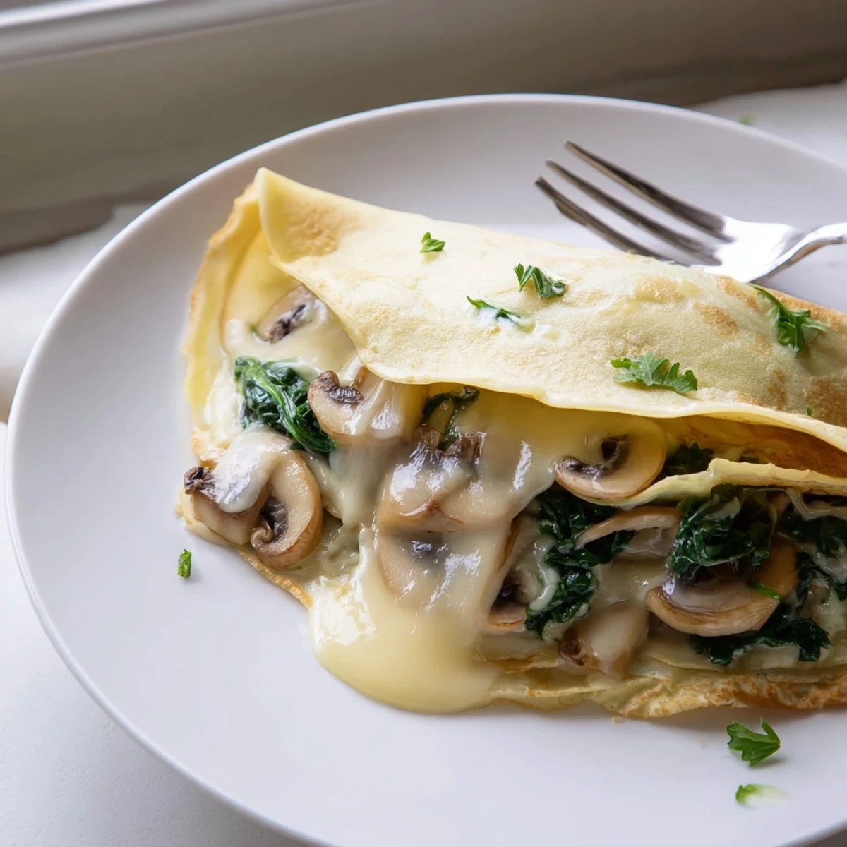 Thin French savory crepes rolled around garlicky mushrooms and wilted spinach, served warm