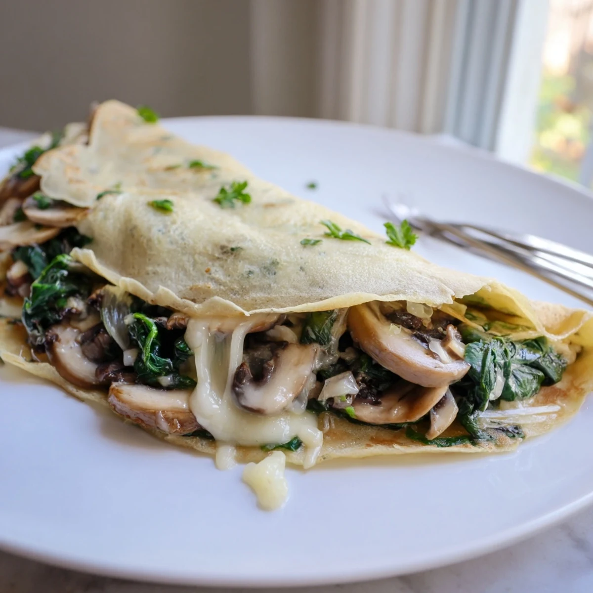 Golden savory crepes filled with sautéed spinach, mushrooms, and melted Gruyère cheese on a plate