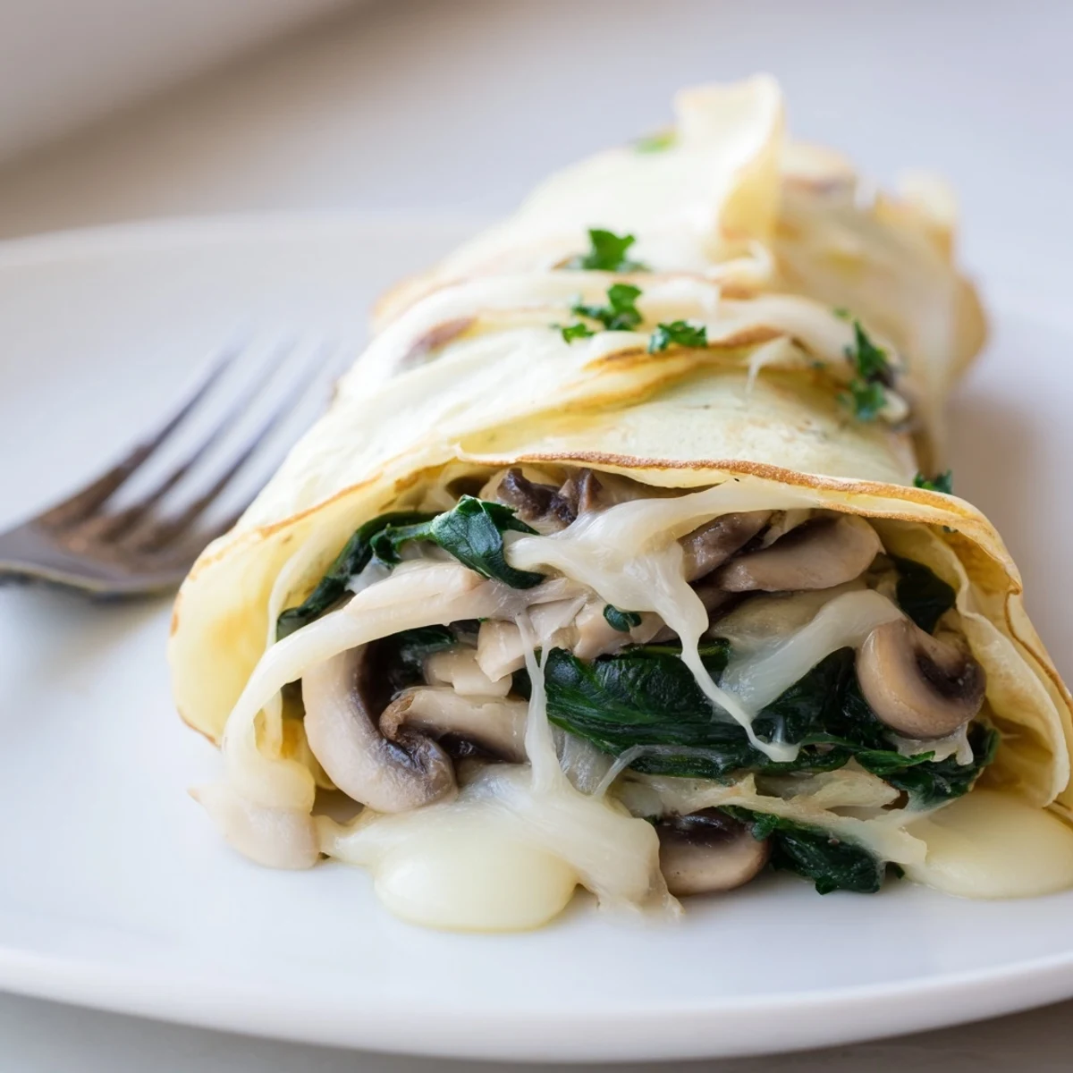 Savory crepes topped with fresh herbs, oozing with melted cheese and a tender vegetable filling