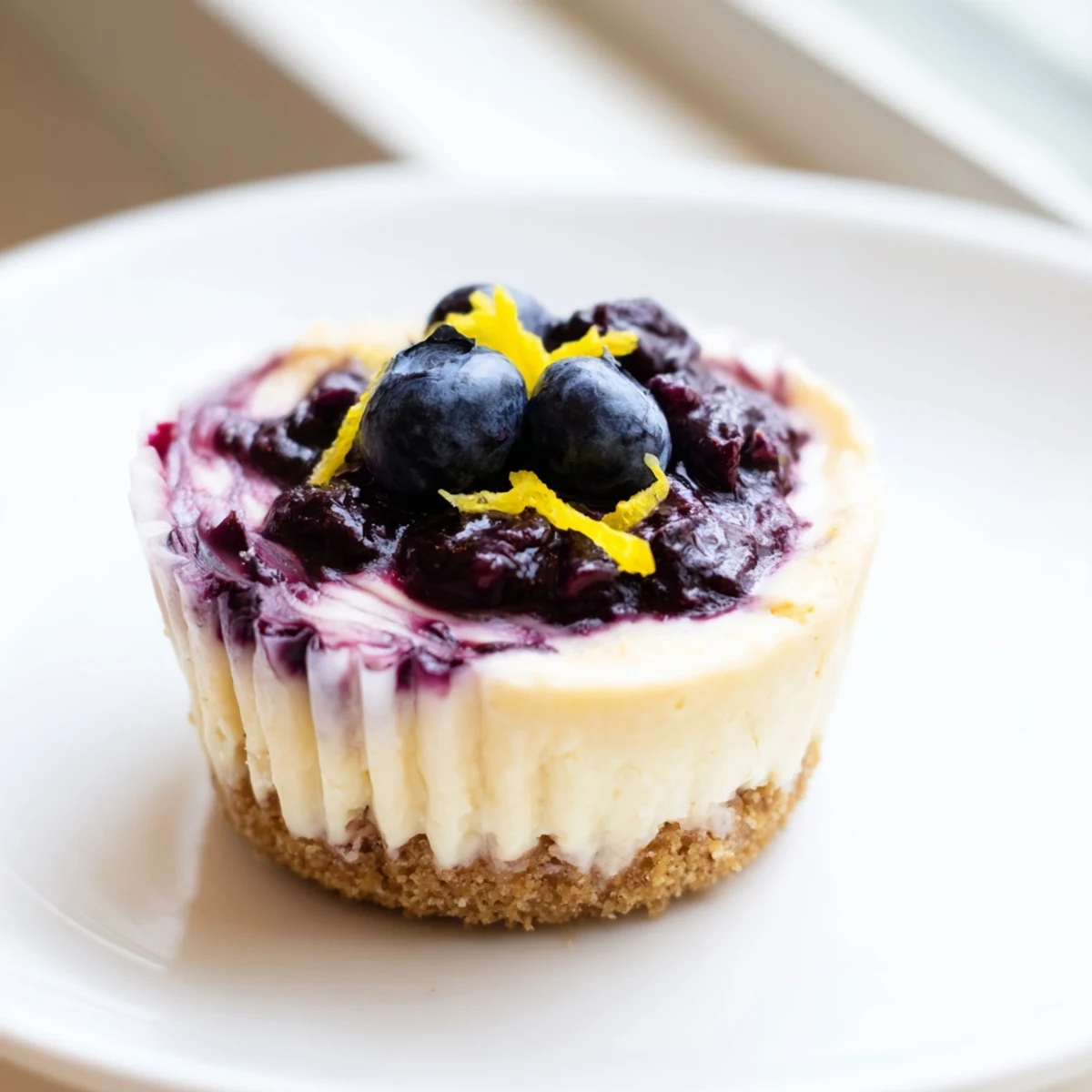 Bite-sized mini lemon blueberry cheesecakes with tangy blueberry swirls in muffin liners