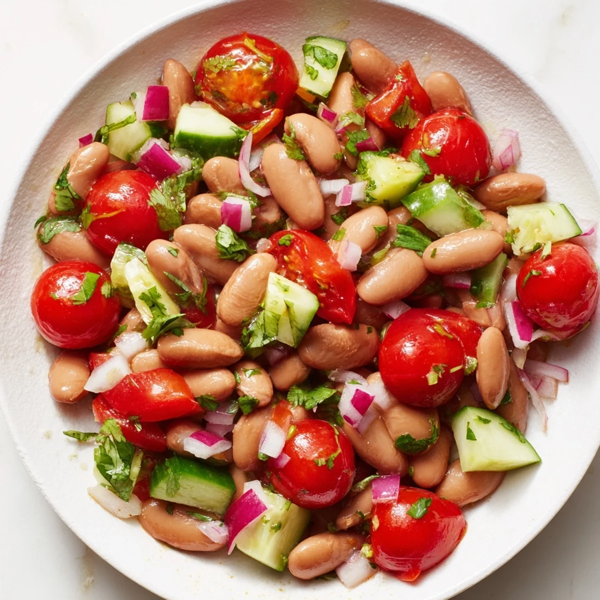 Fresh pinto bean salad topped with diced cucumber and tangy lime vinaigrette