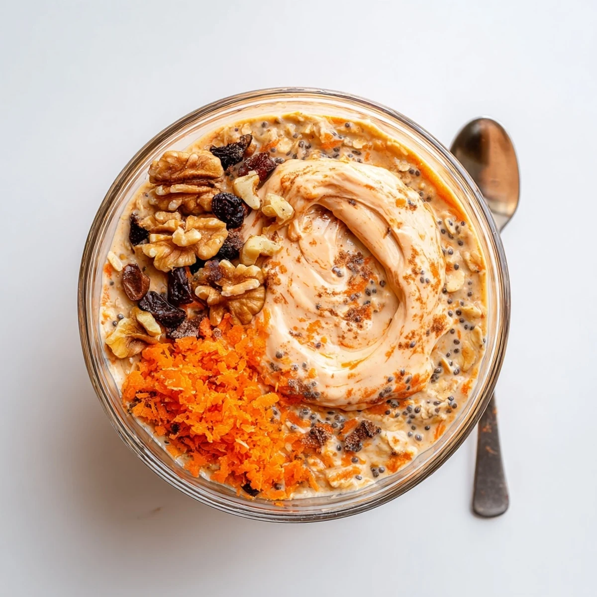 Creamy carrot cake overnight oats topped with chopped walnuts in a glass jar