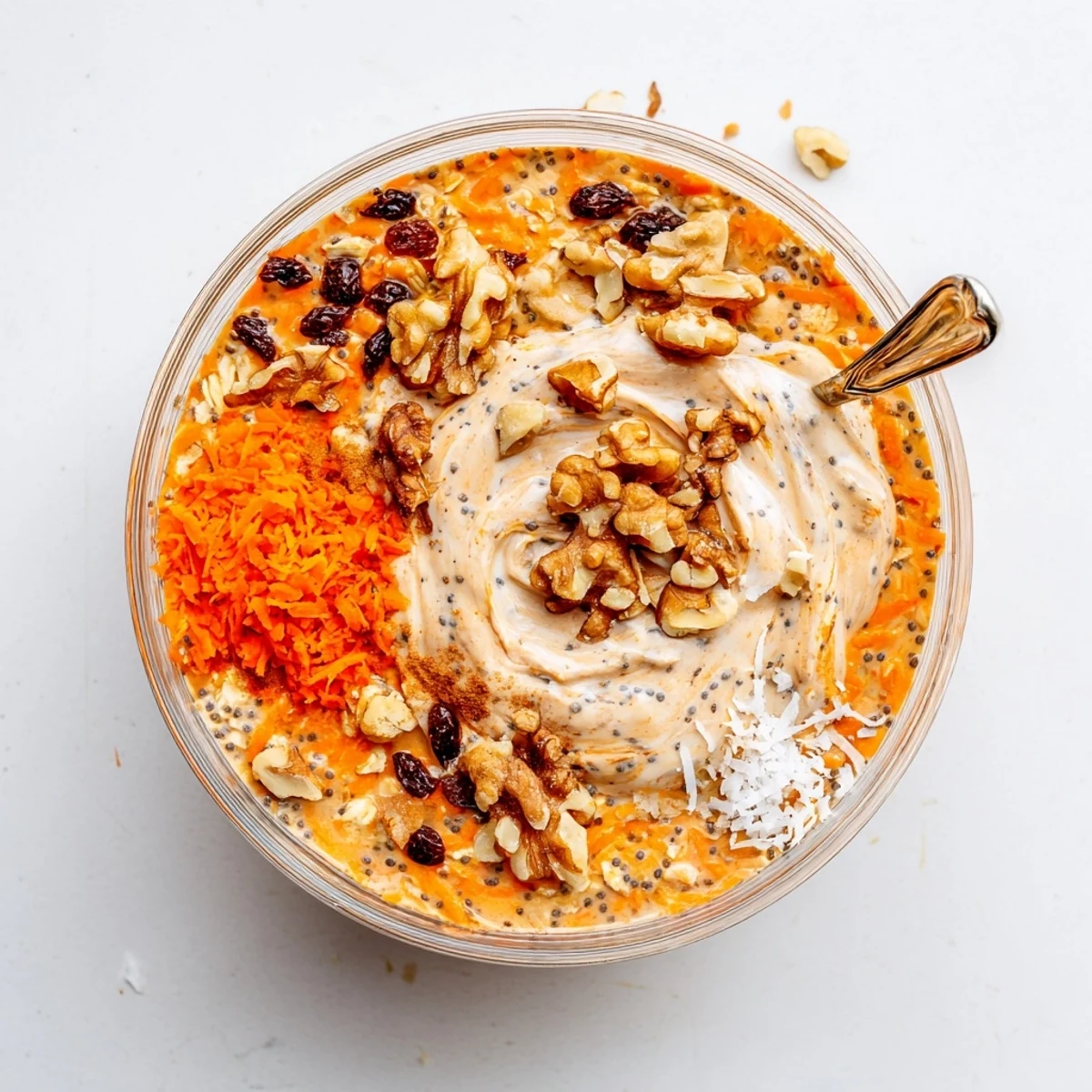 Thick spiced carrot cake overnight oats swirled with cream cheese frosting