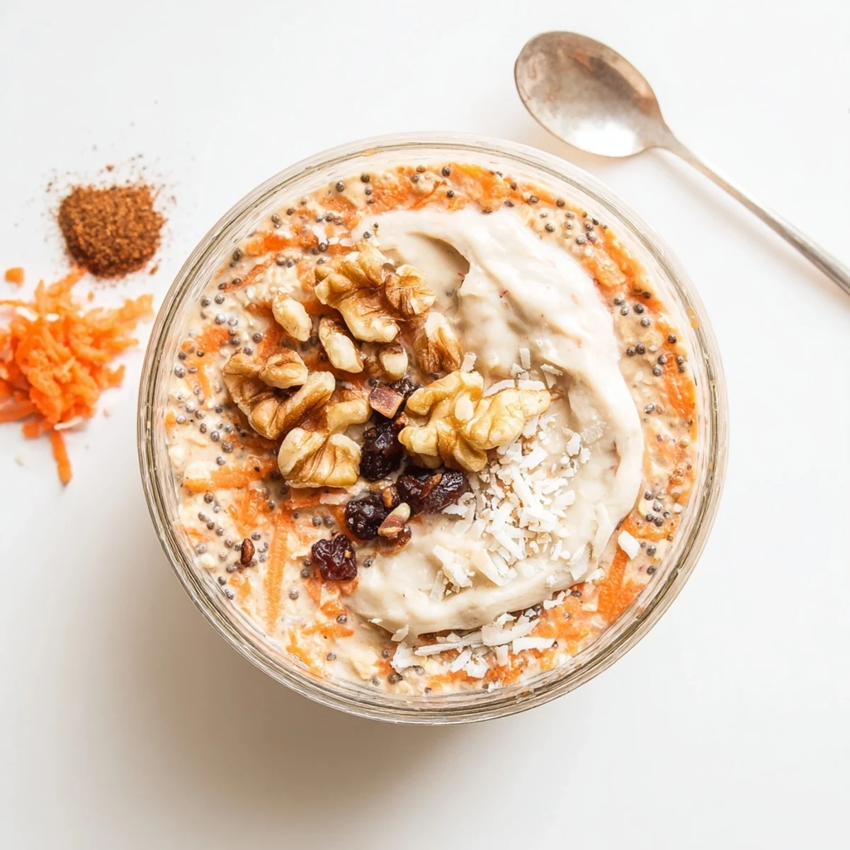 Golden carrot cake overnight oats layered with raisins and a cinnamon dusted topping