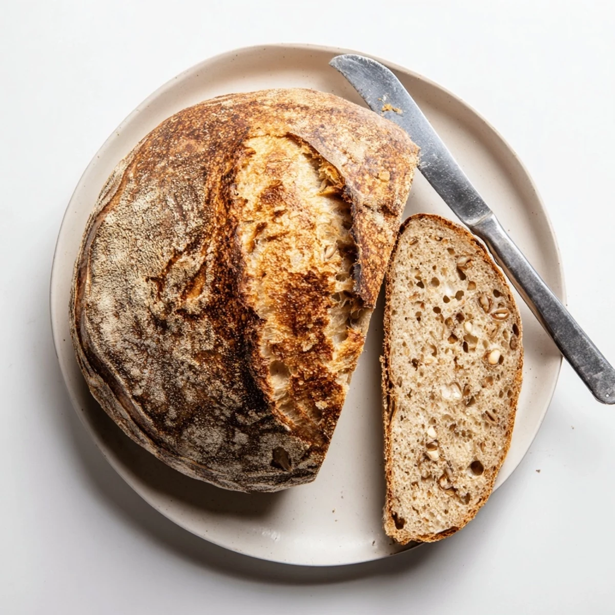 Golden sourdough bread loaf with a crackled crust resting on a cooling rack