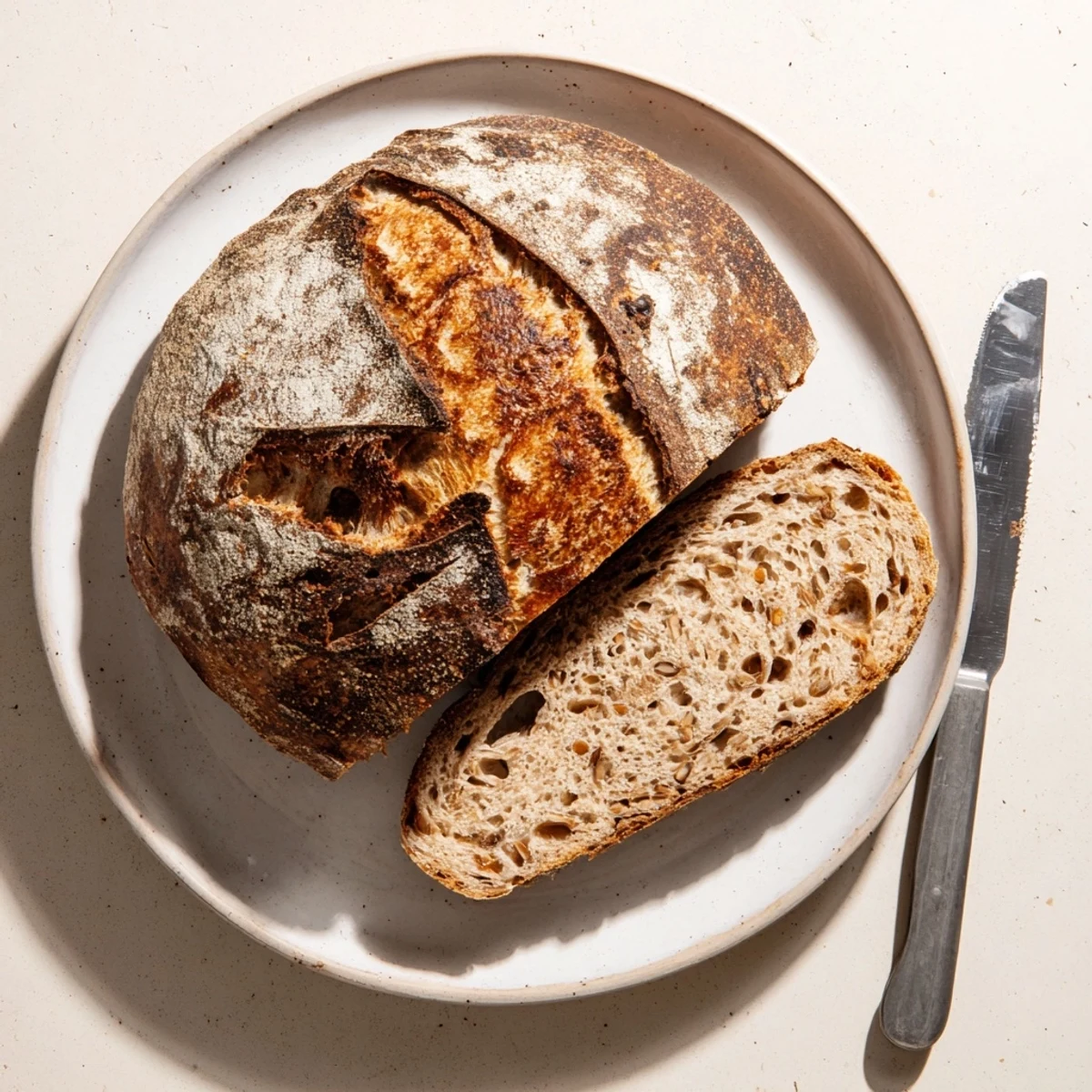 Crusty sourdough bread sliced open revealing a soft chewy interior crumb