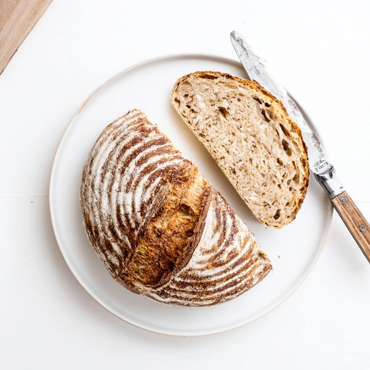 Rustic sourdough bread round scored with a decorative blade pattern fresh from baking