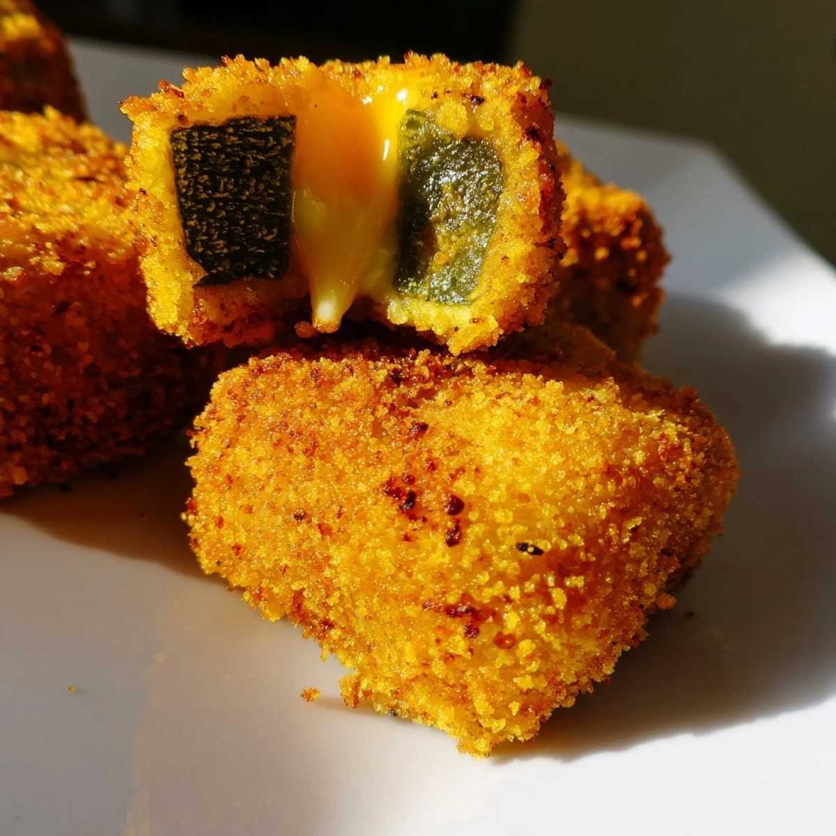 Fried crispy pickle cheese bites resting on paper towels looking golden