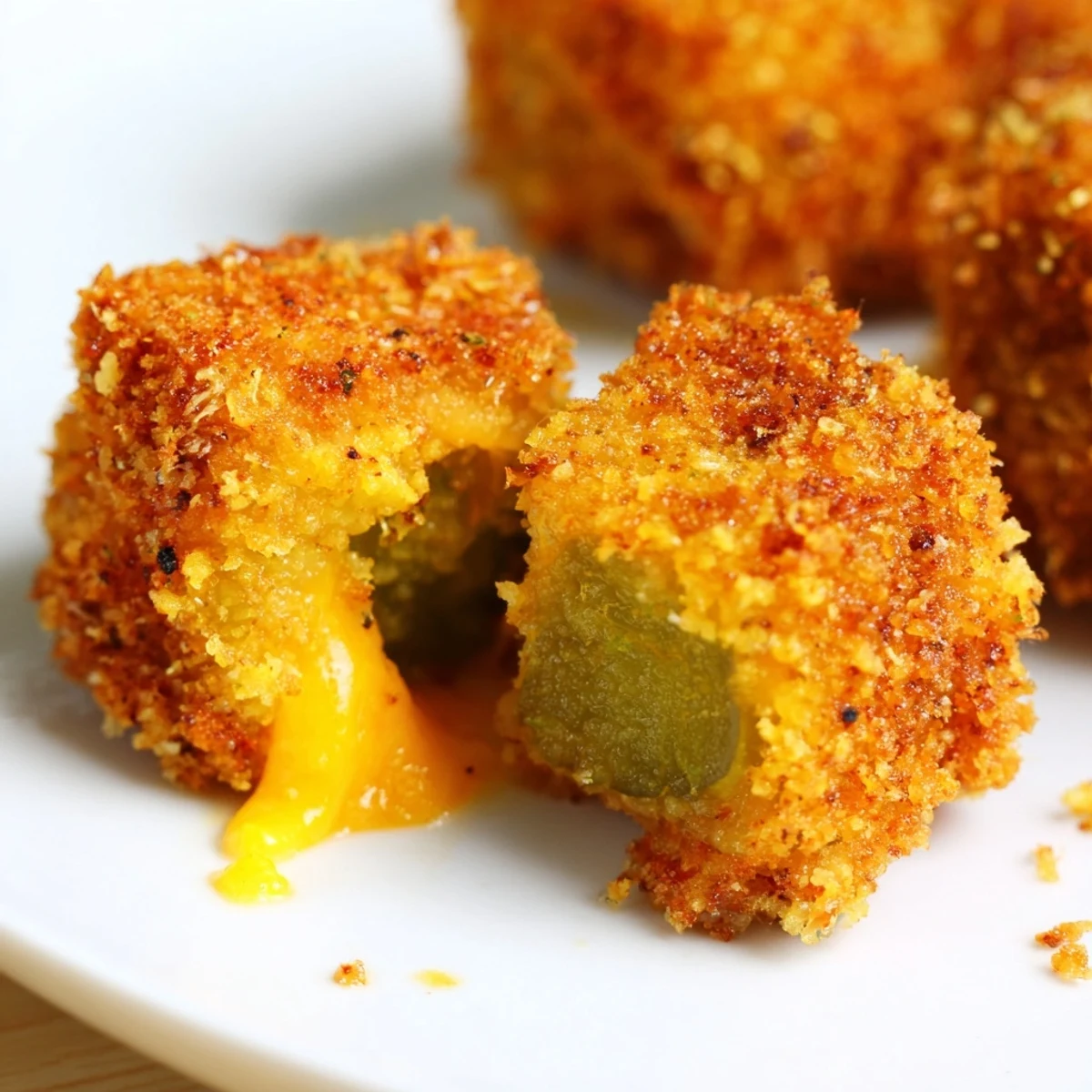 Tangy dill pickle and melted cheddar bites in crunchy panko coating