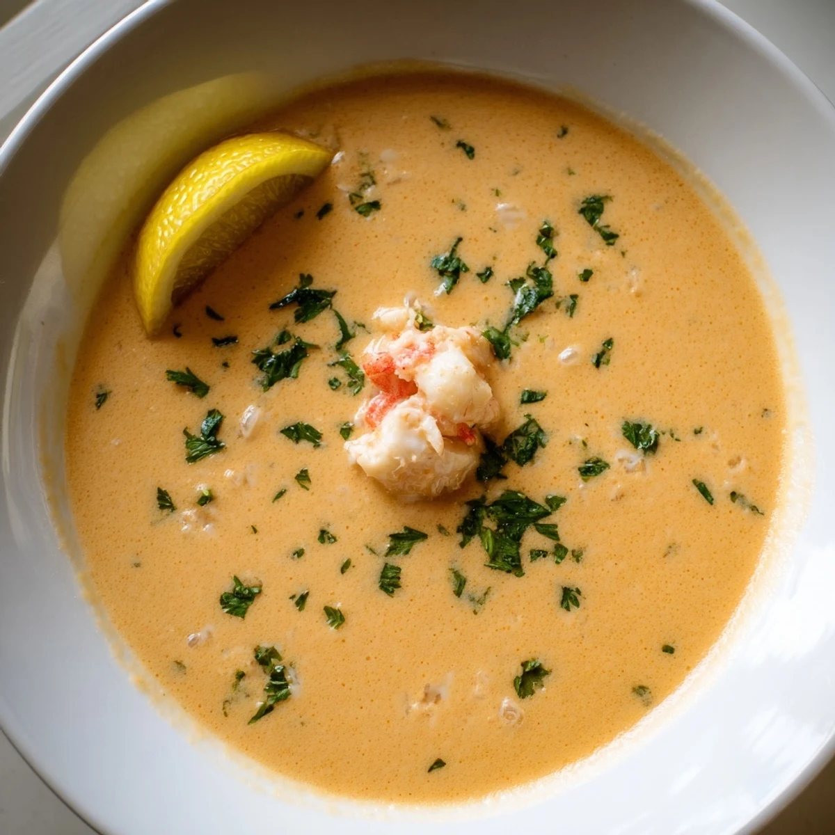 Steaming bowl of creamy crab and shrimp bisque garnished with fresh parsley.
