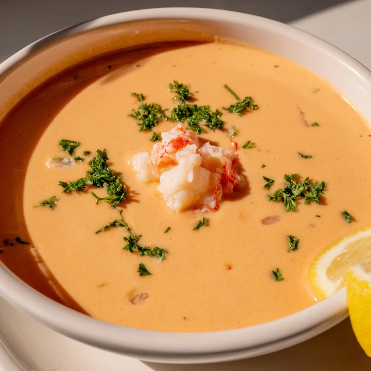 Velvety creamy crab and shrimp bisque with tender pink shrimp and lemon.