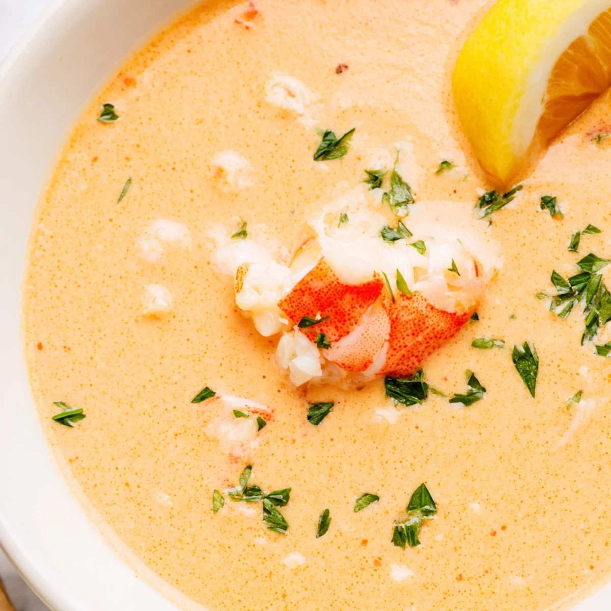 Golden creamy crab and shrimp bisque served with crusty French bread slices.
