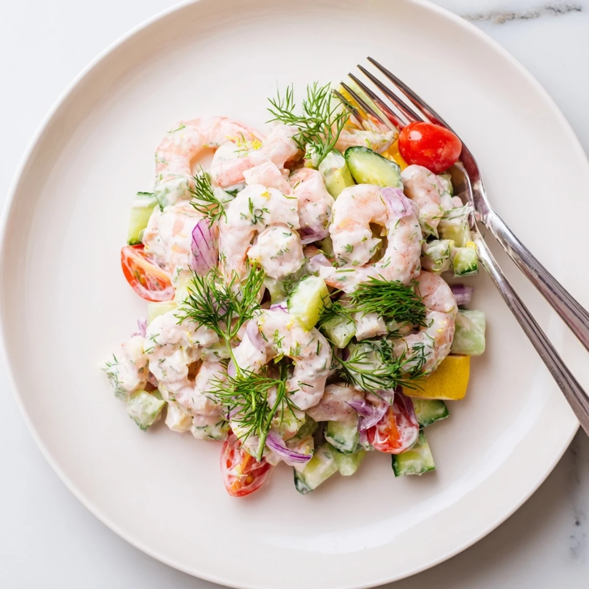 Chilled shrimp salad recipe served over leafy greens with cherry tomatoes