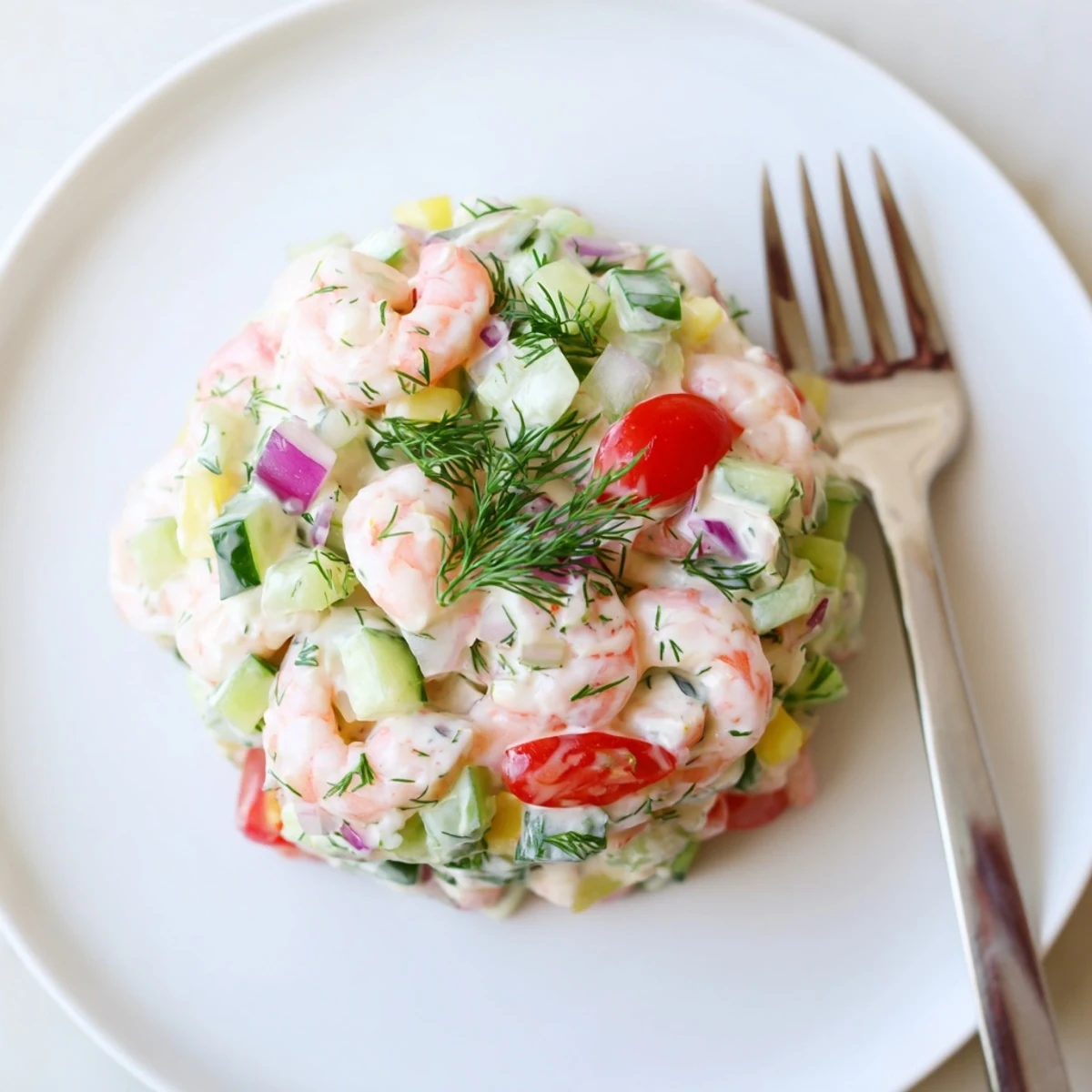 Easy shrimp salad recipe with crisp celery and cucumber on summer plate