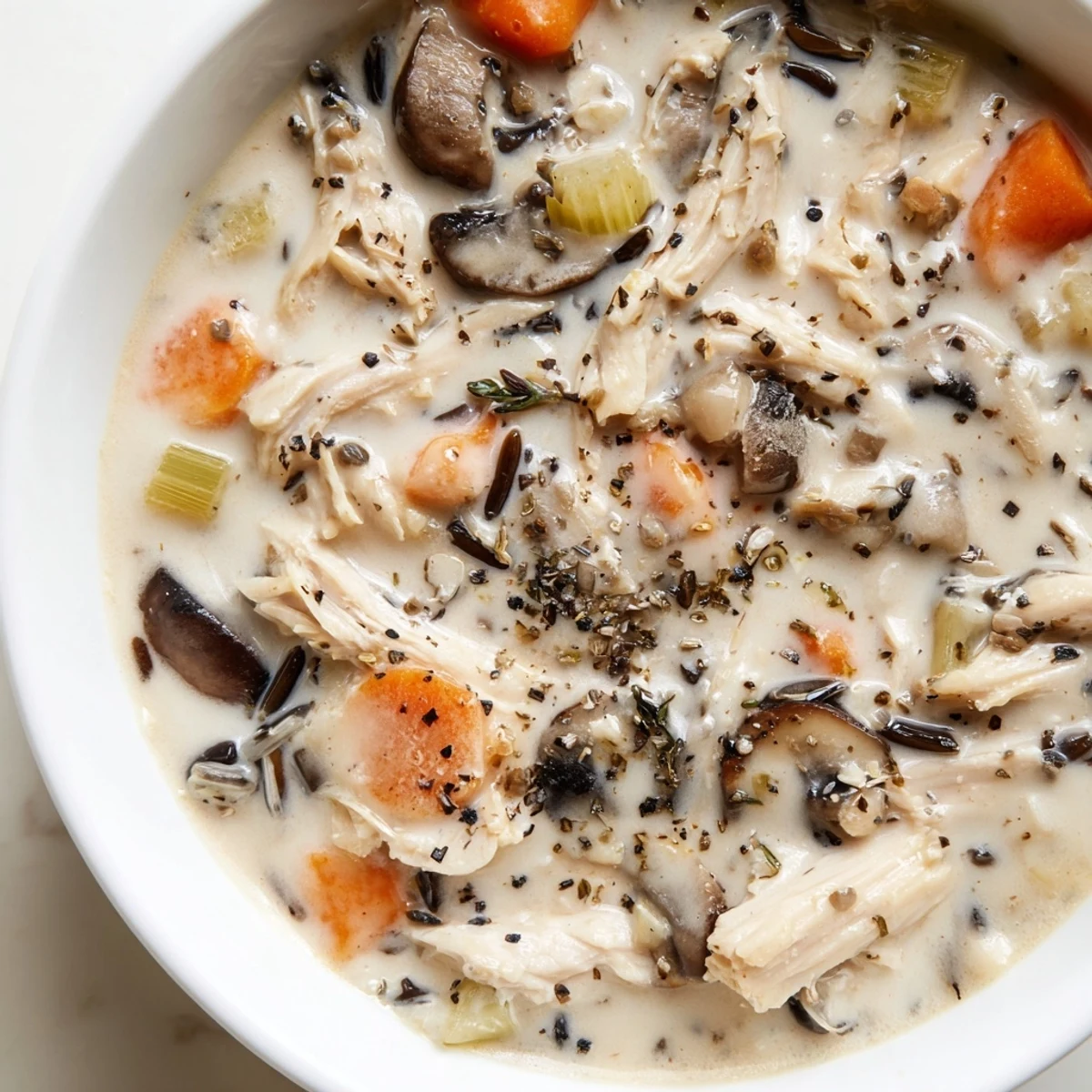 Steaming bowl of creamy slow cooker chicken mushroom wild rice soup with shredded chicken