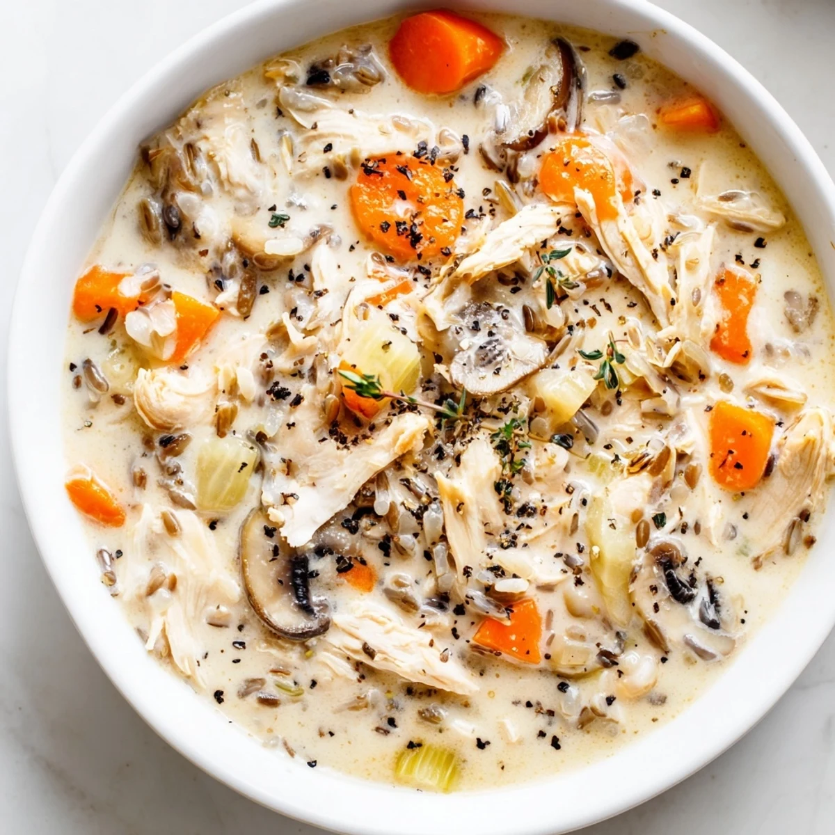 Thick hearty slow cooker chicken mushroom wild rice soup ladled into a rustic ceramic bowl