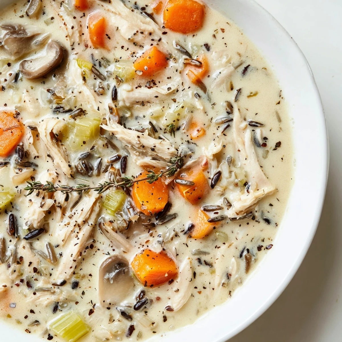 Golden creamy slow cooker chicken mushroom wild rice soup topped with cracked black pepper