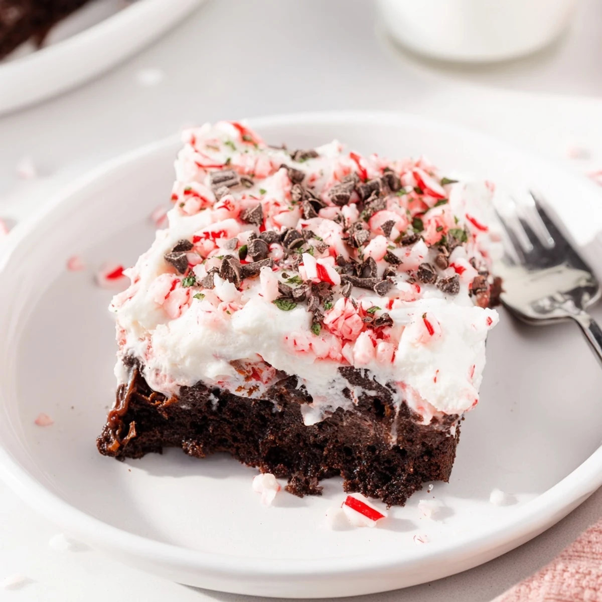 Holiday-ready Peppermint Poke Cake garnished with chocolate shavings, peppermint pieces