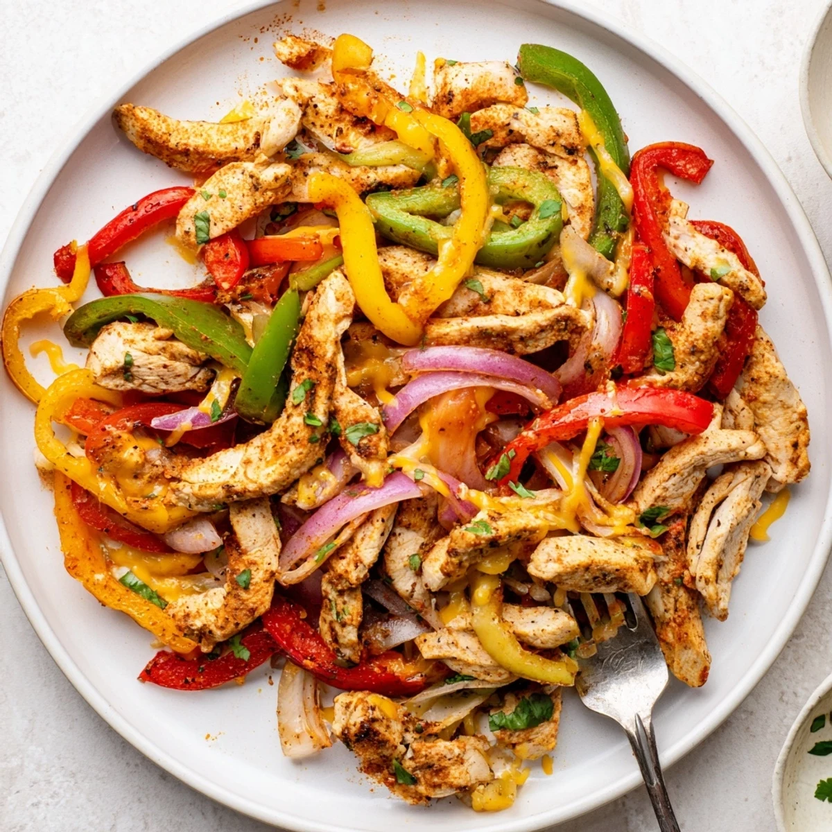 A heaping Cheesy Baja Chicken Bell Pepper Skillet served with warm corn tortillas