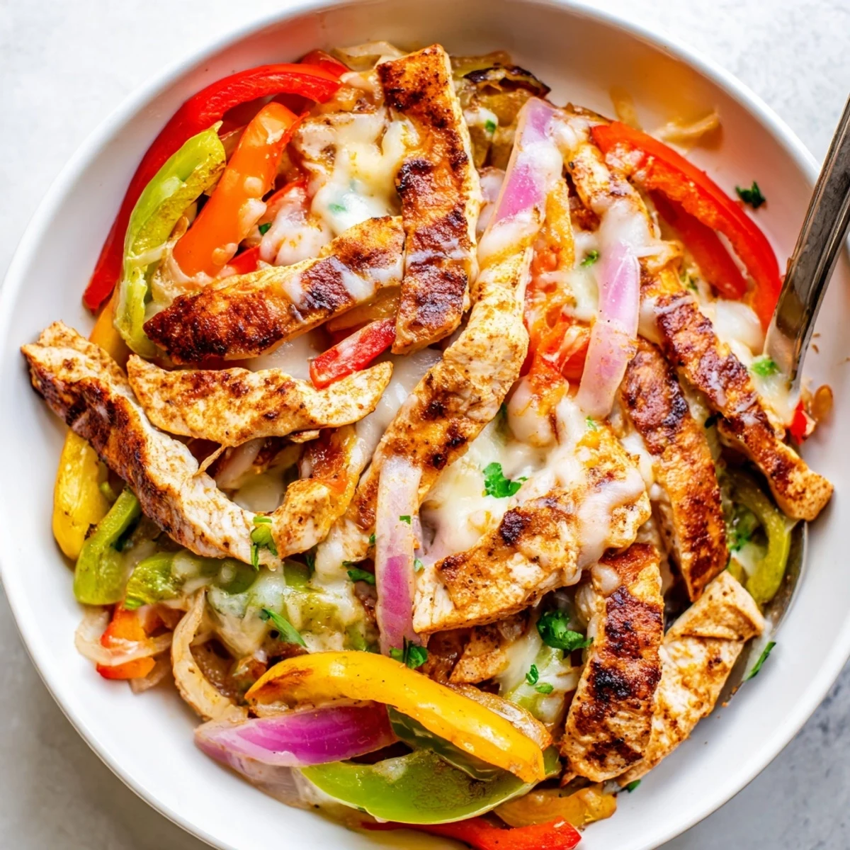 Cheesy Baja Chicken Bell Pepper Skillet sizzling with melted cheese and fragrant spices