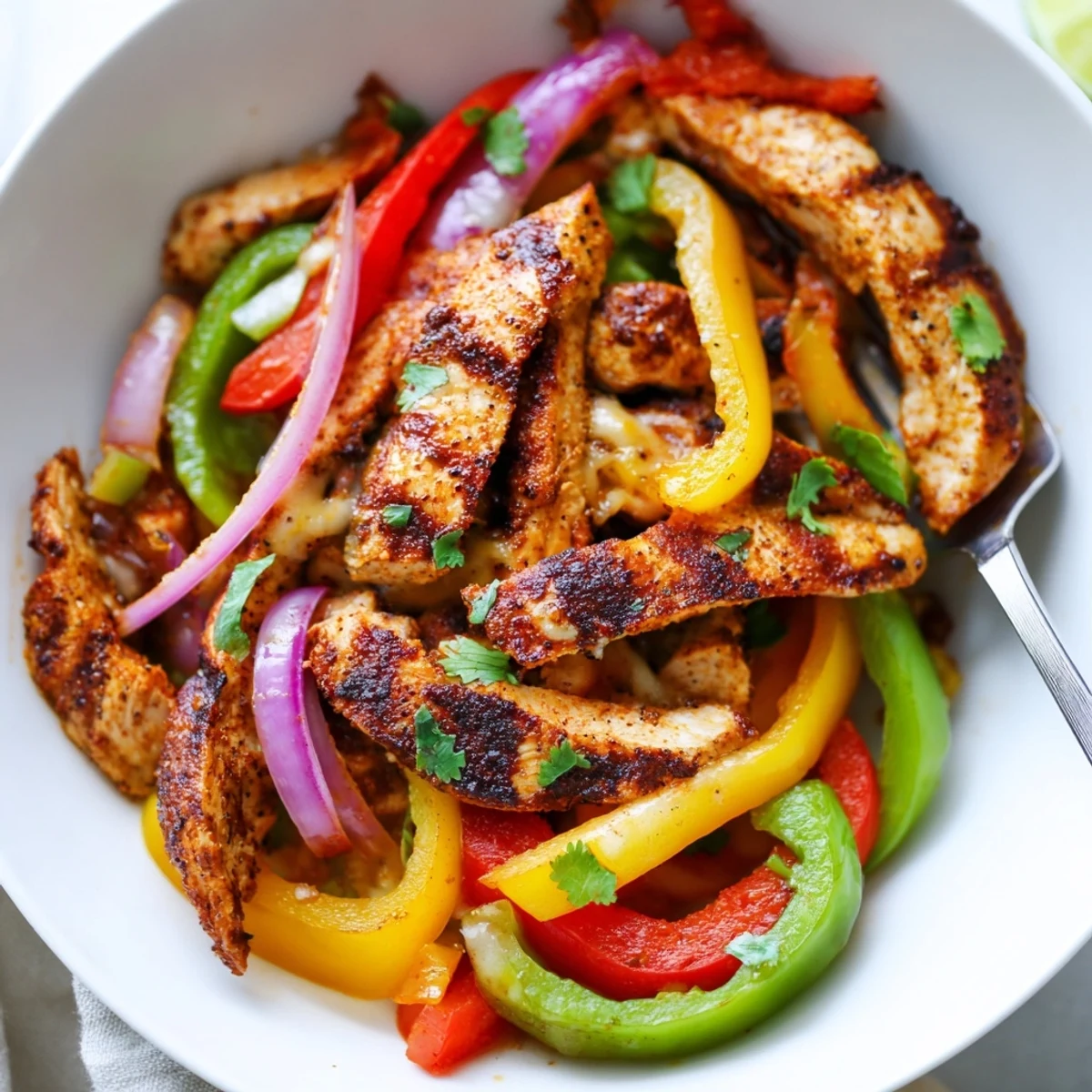 Cheesy Baja Chicken Bell Pepper Skillet topped with cilantro, lime, and bubbling cheese
