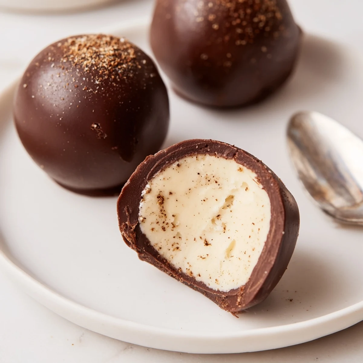 Box of Dark Chocolate Eggnog Truffles stacked for holiday gifting on parchment