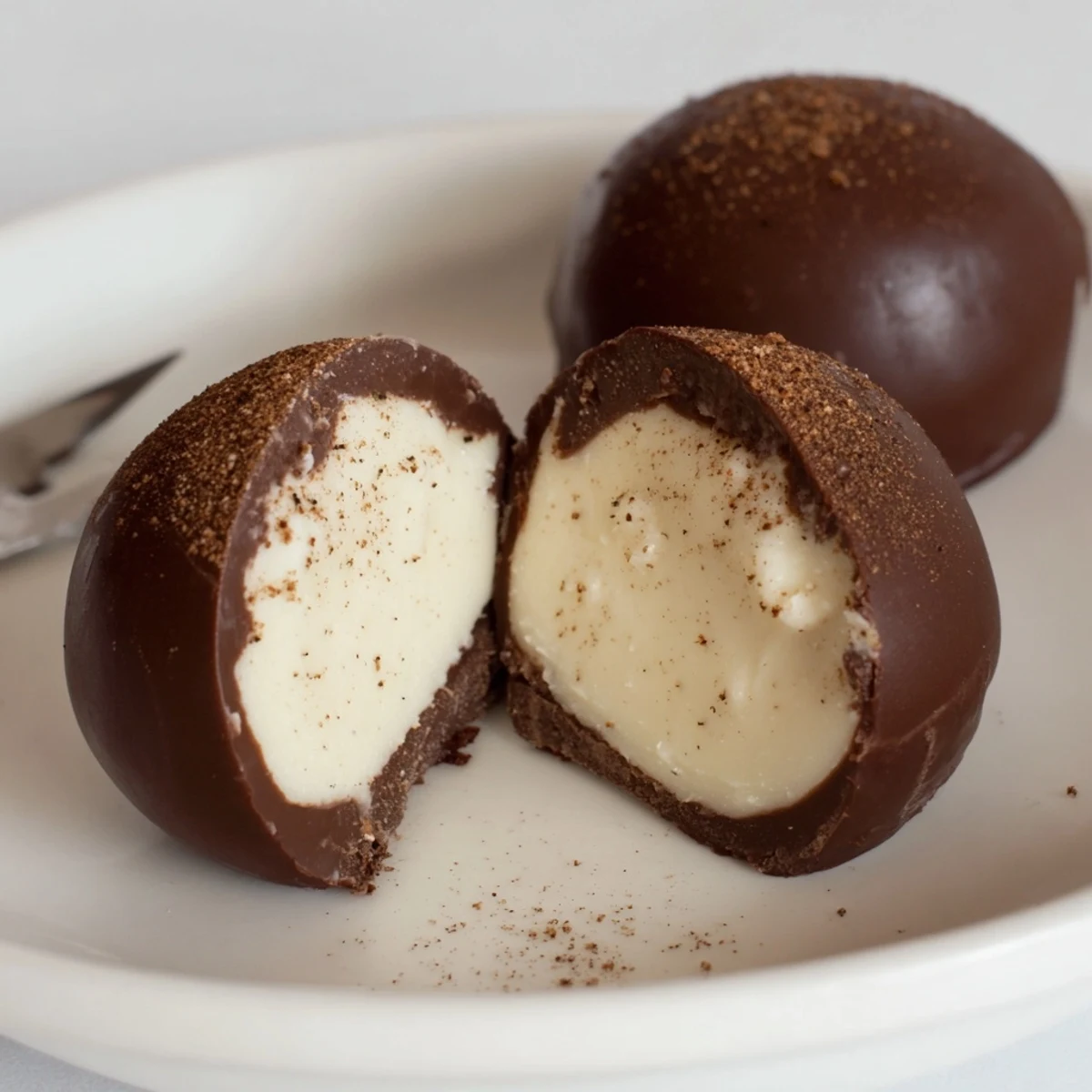 Dark Chocolate Eggnog Truffles with glossy shells and nutmeg-dusted creamy centers
