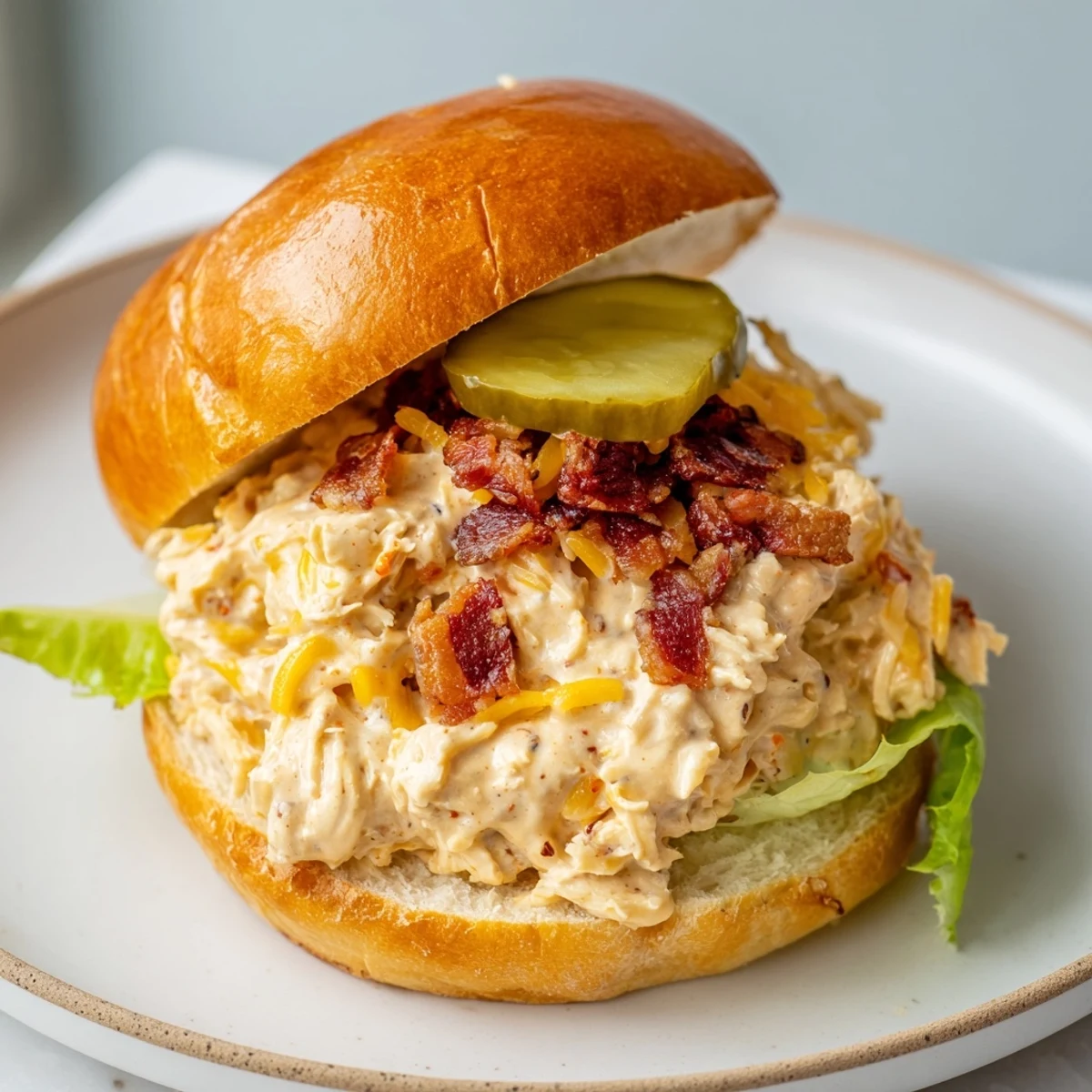 Crack Chicken Sandwiches on brioche, creamy shredded chicken, smoky bacon, pickle slices