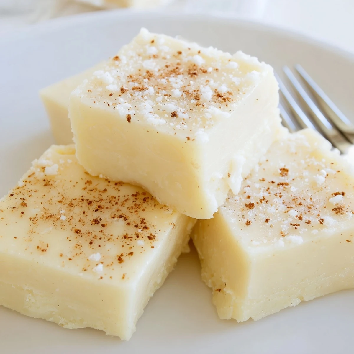 Holiday Eggnog Fudge served on a plate with chopped pecans for garnish