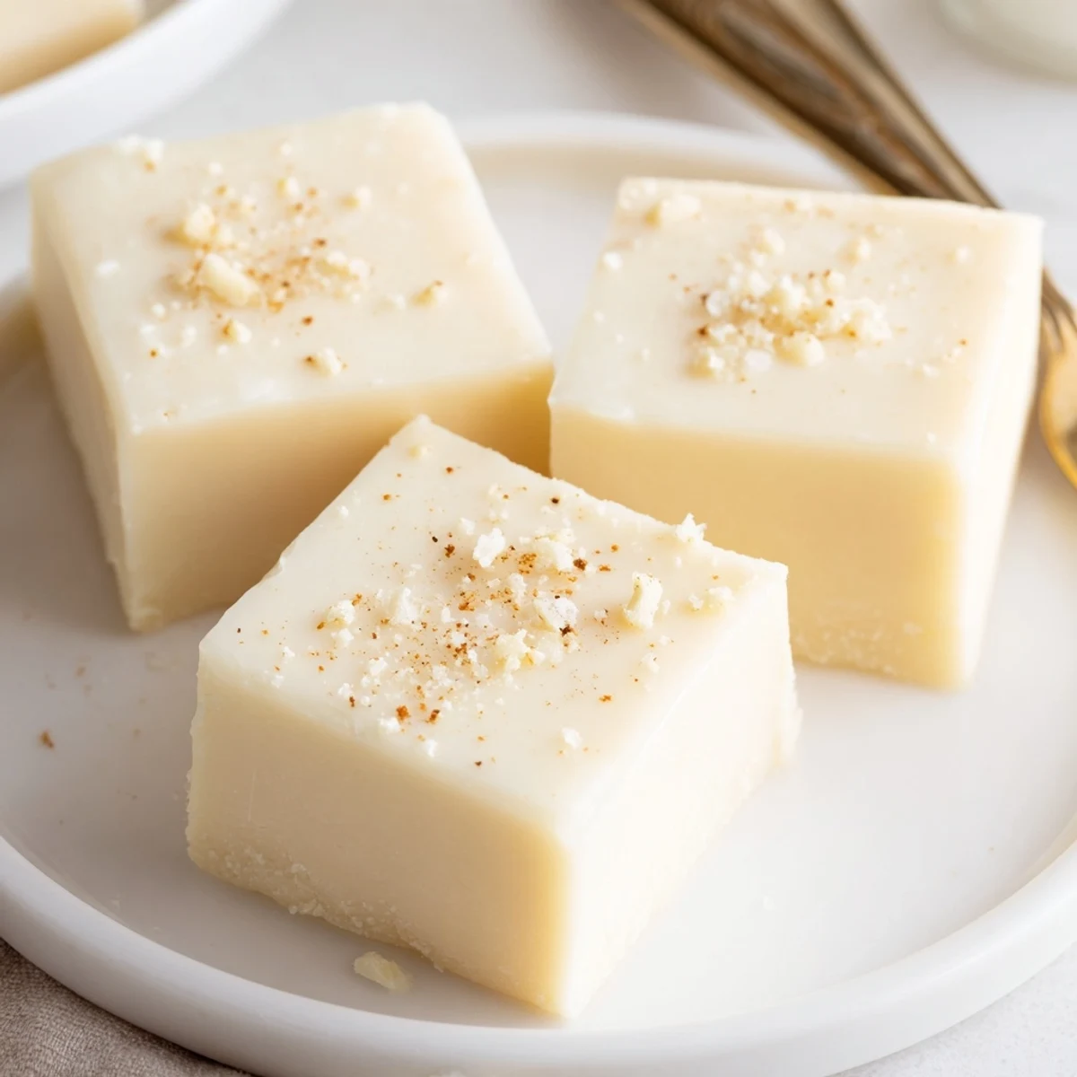 Creamy Eggnog Fudge squares dusted with grated nutmeg on parchment