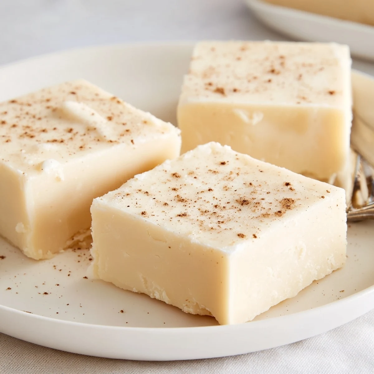Warmly spiced Eggnog Fudge cooling in an 8x8 pan, white sheen