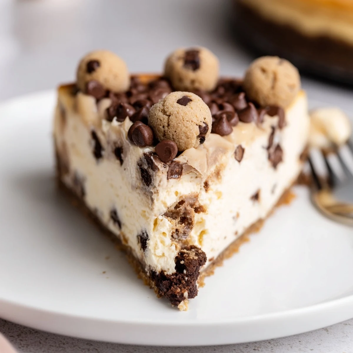 Fork-ready Chocolate Chip Cookie Dough Cheesecake chilled on a chocolate crust