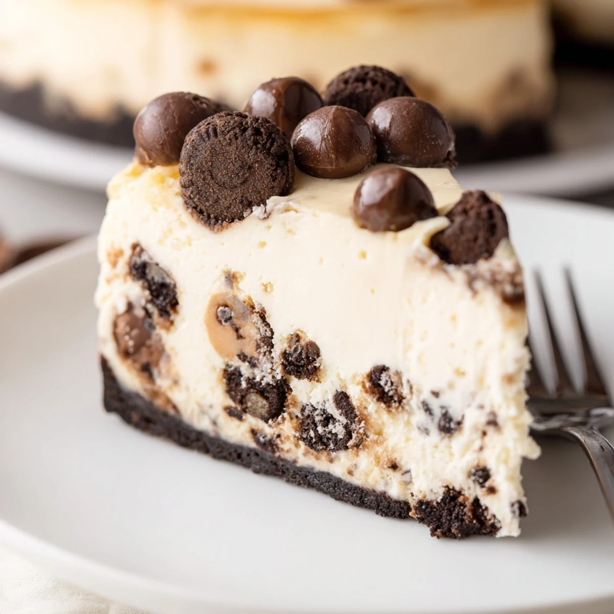 Decadent Chocolate Chip Cookie Dough Cheesecake topped with mini chips, ready to serve