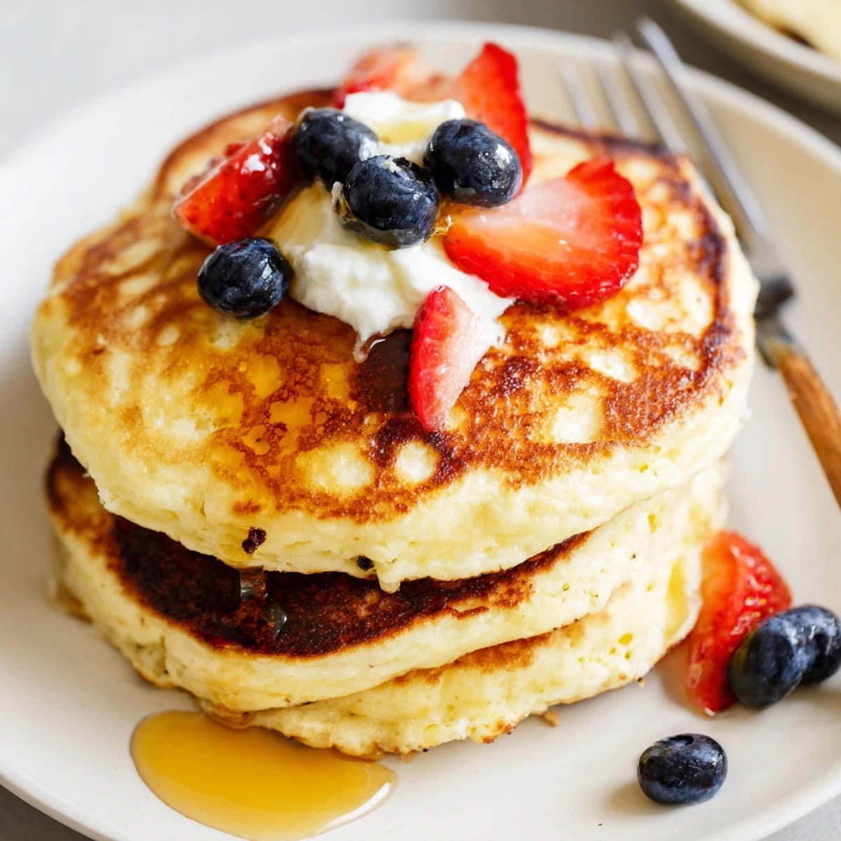 Cottage Cheese Pancakes stacked with berries and maple syrup, steaming warm