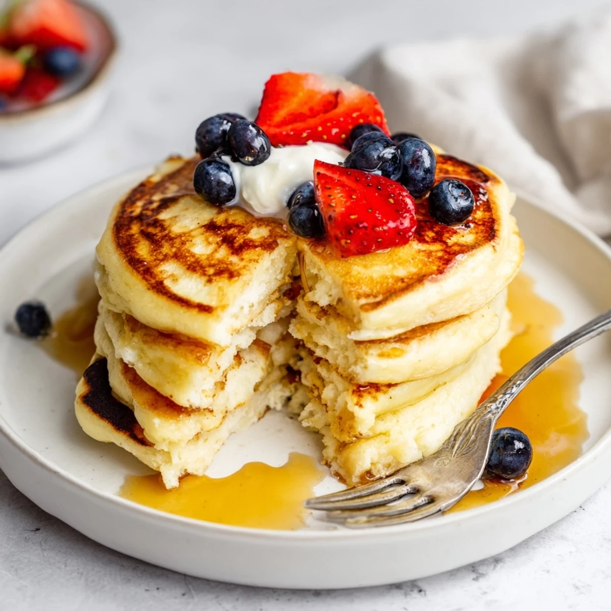 Golden Cottage Cheese Pancakes on griddle, buttery edges and fluffy centers