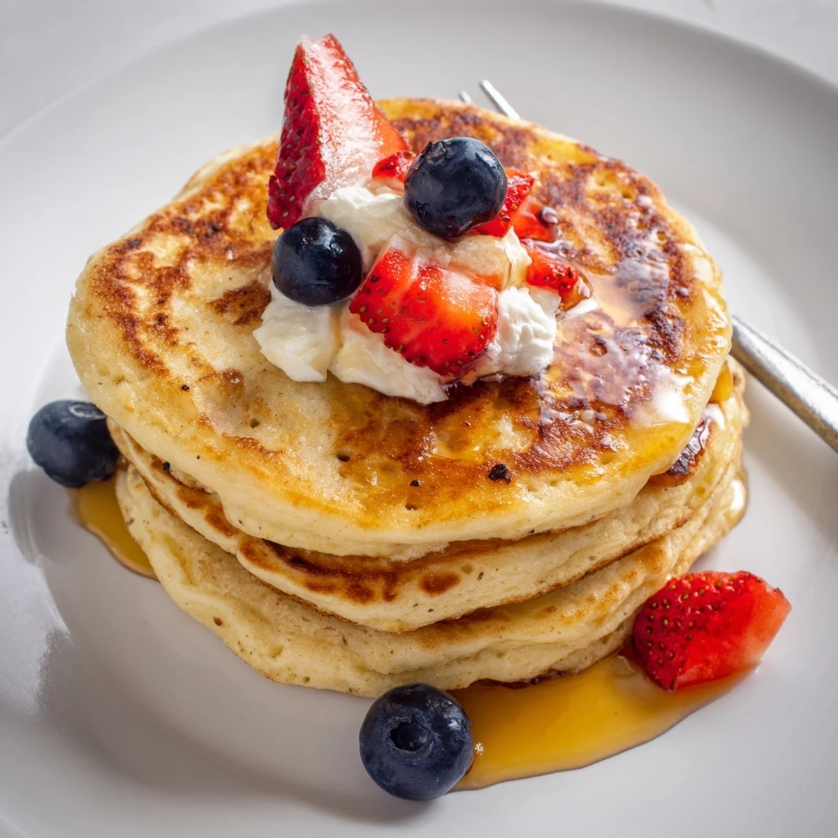 Fluffy Cottage Cheese Pancakes served with Greek yogurt, fresh berries, honey drizzle