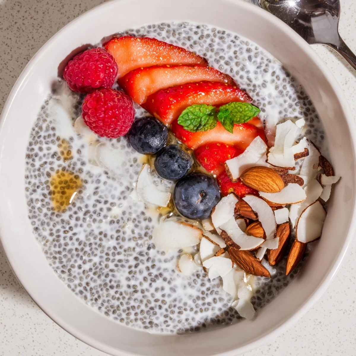 Speckled Chia Seed Pudding chilled in jars, garnished with mint