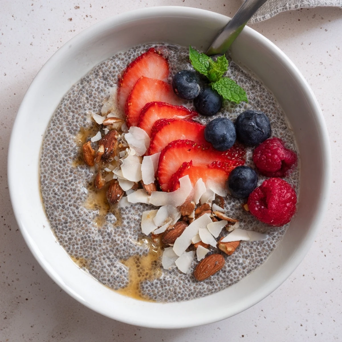 Creamy Chia Seed Pudding topped with fresh berries and chopped nuts